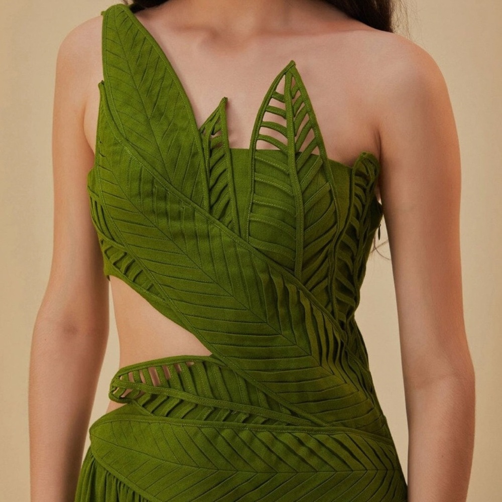 Farm Rio - Luxe Green Leaves One-Shoulder Cut-Out Midi Dress